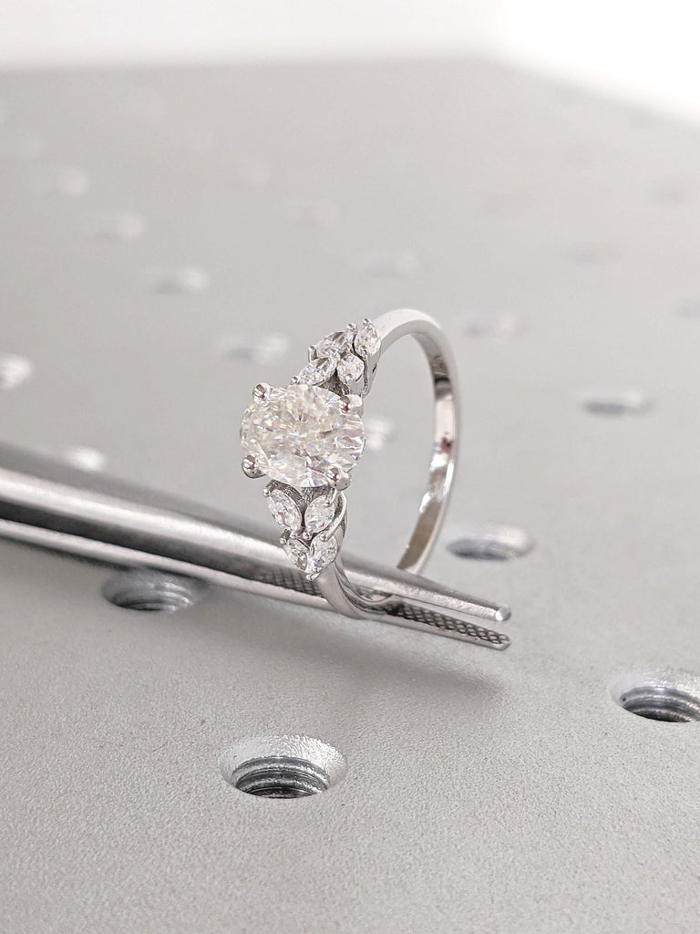 14k Gold Nature Inspired Engagement Ring, Dainty Oval Moissanite Ring, Moissanite and Diamond Cluster Ring, Unique Flower Ring, Bridal Gift