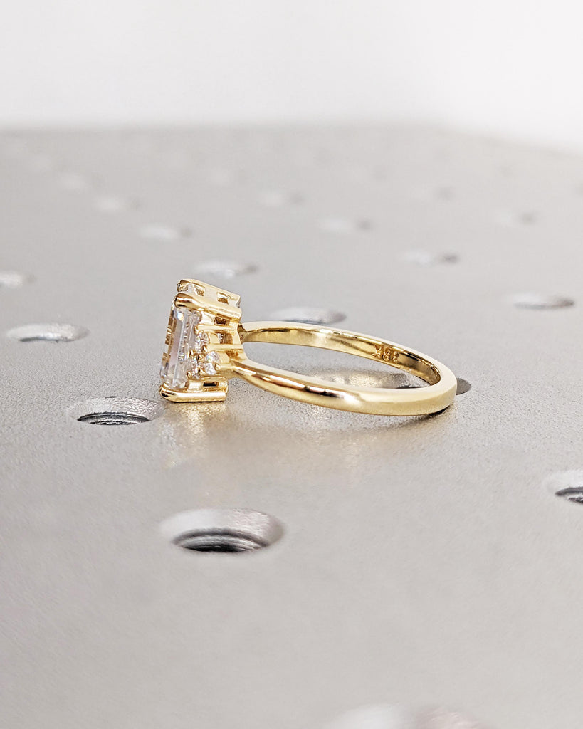 Emerald Cut Moissanite Engagement Ring, Vintage Unique Cluster Yellow Gold Engagement Ring Women, Round Diamond Wedding Art Deco Anniversary