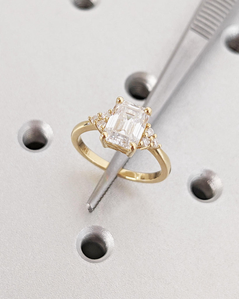 Emerald Cut Lab Diamond Engagement Ring, Vintage Unique Cluster Yellow Gold Engagement Ring Women Round Diamond Wedding Art Deco Anniversary