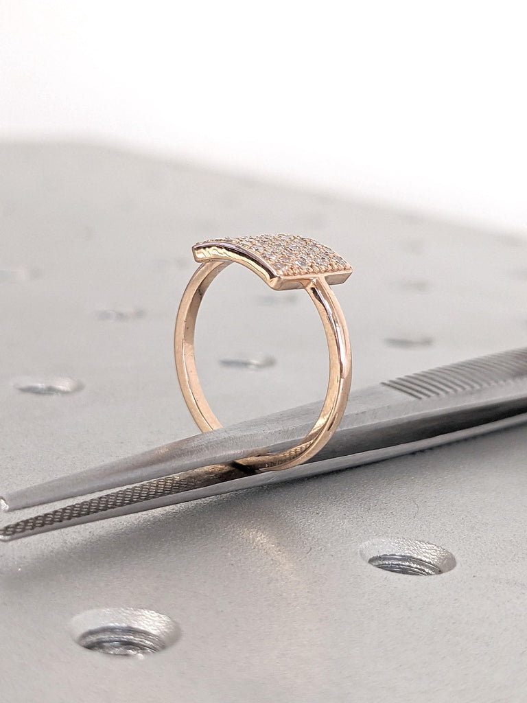 Square Diamond Paved Dainty Signet Ring | Rose Gold Minimalist Pinky Ring for Women | Dainty Square Diamond Ring | 14k Pinky Signet Ring