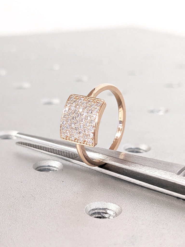 Solid Gold Pave Signet Ring, 14k Minimalist Pinky Rings for Women, Lab Created Diamond Stacking Ring, Dainty Wedding Ring, Handmade Gifts