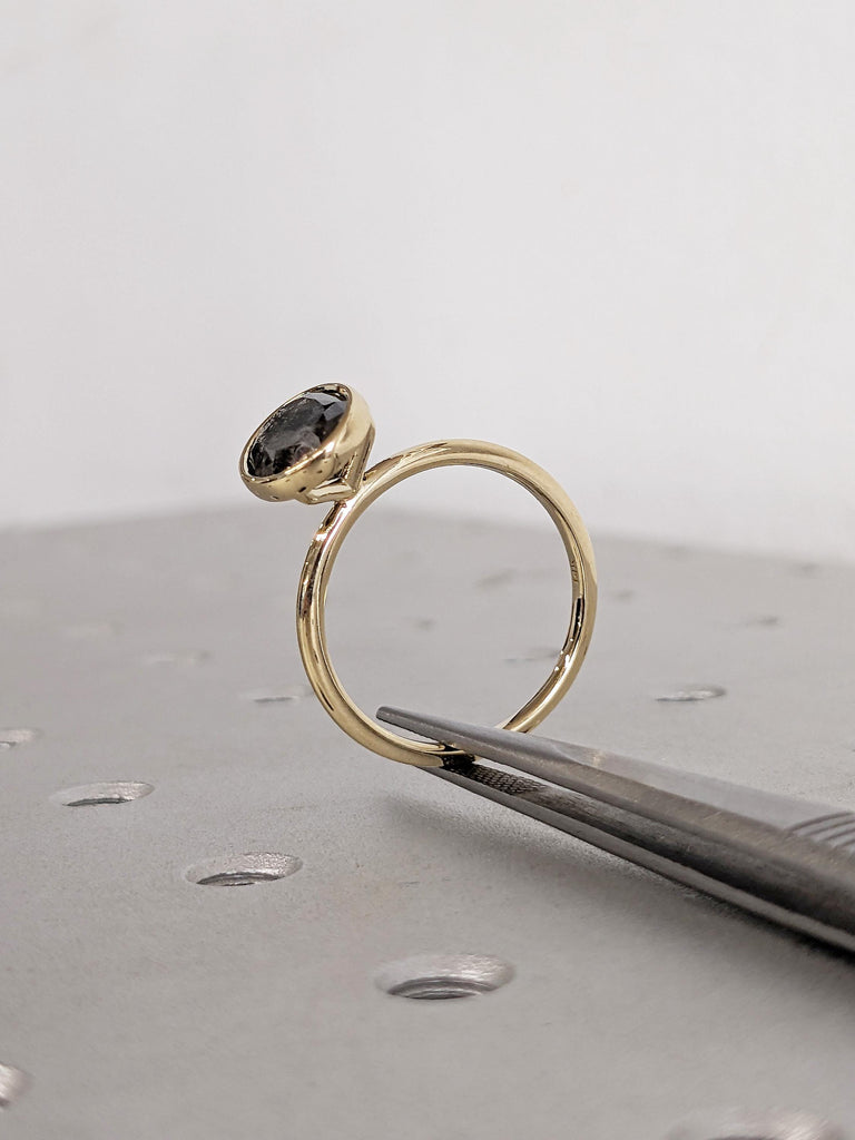 Oval Engagement Ring, Raw Salt and Pepper Diamond Ring, Solid Gold Ring, Unique Solitaire Ring, Bezel Ring, Raw Diamond Ring, Gift for Wife