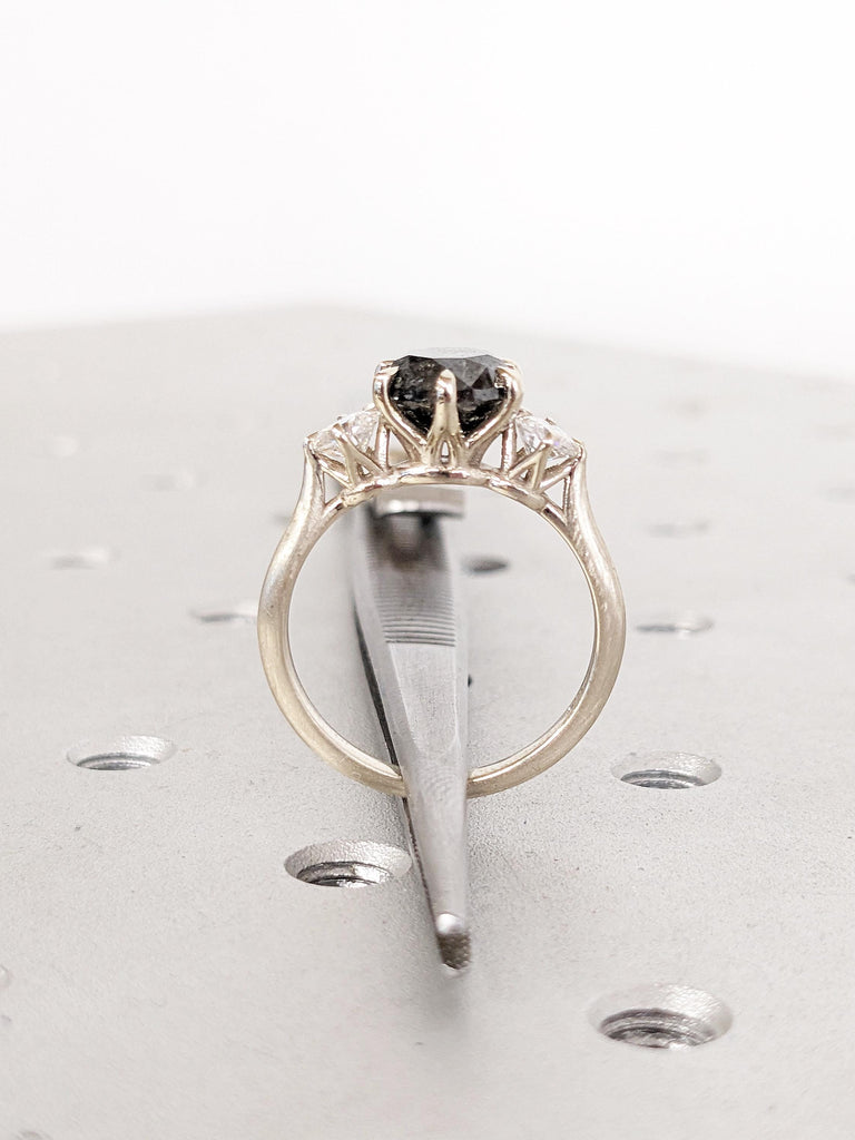Round Raw Salt and Pepper Diamond Ring, Unique Matte Finished Women Wedding Ring, 14k White Gold Promise Ring for Her, Bridal Gift for Her