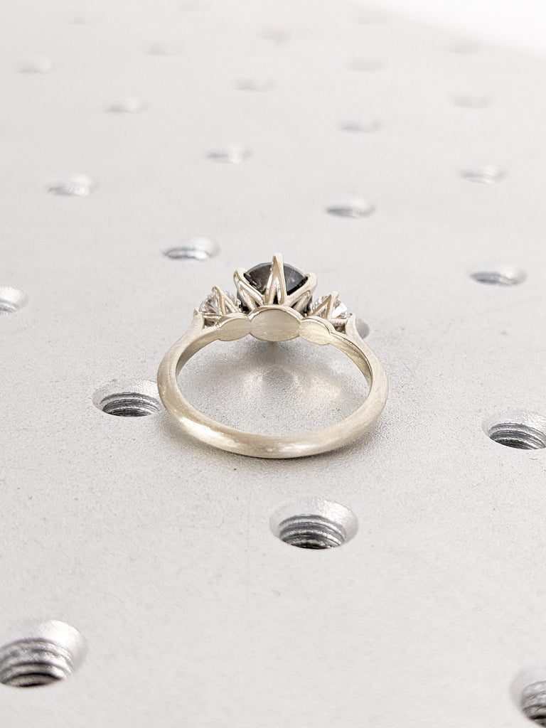 Round Raw Salt and Pepper Diamond Ring, Unique Matte Finished Women Wedding Ring, 14k White Gold Promise Ring for Her, Bridal Gift for Her