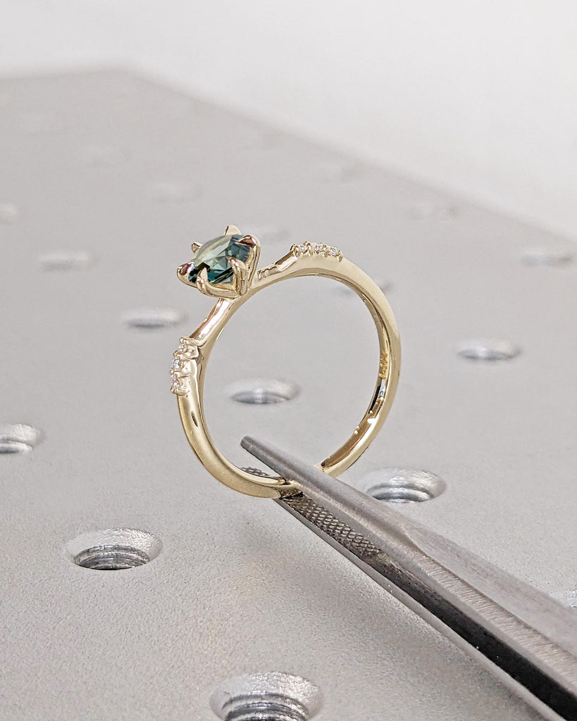 Montana Sapphire Dainty Wedding Ring: Round Blue Green Sapphire, Moissanite or Diamond Accents, Tapered Band, 14k Solid Gold, Promise Ring