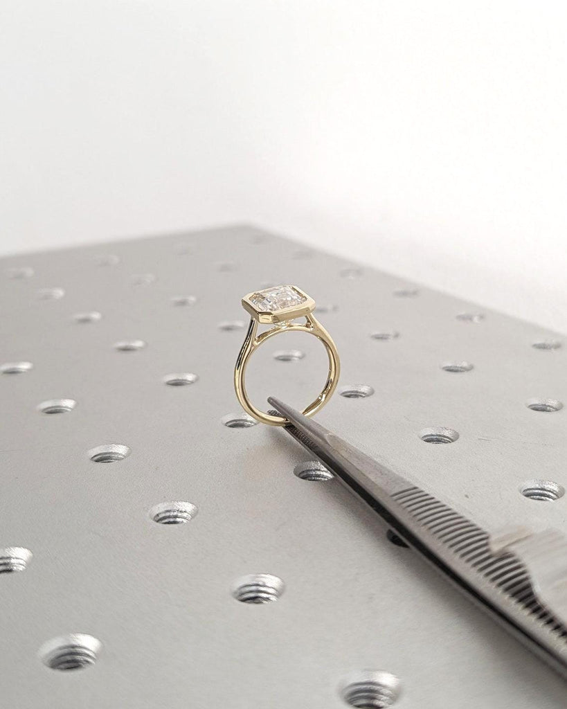3ct Emerald Cut Lab Grown Diamond Solitaire Ring | 14K Yellow Gold Engagement Ring Bezel Setting | Statement Ring, Gift For Her, Minimalist