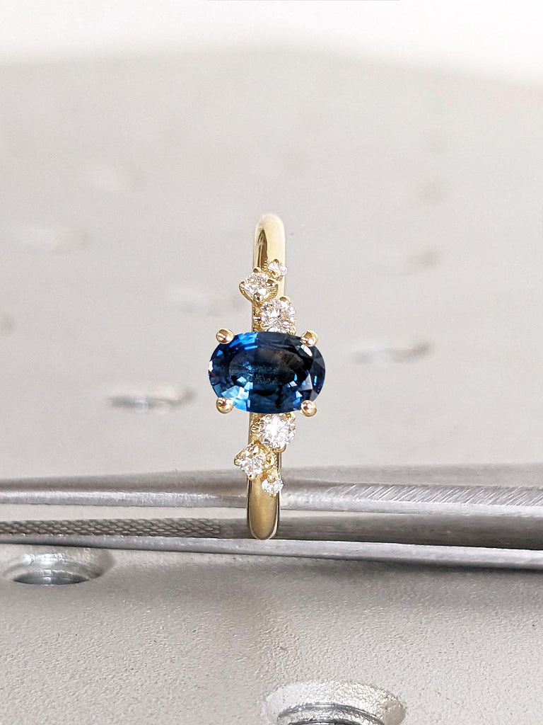 Yellow Gold Women Wedding Ring | Oval Sapphire Birthstone Ring | Lab Grown Diamond Cluster Snowdrift Promise Anniversary Ring, Gift for Wife