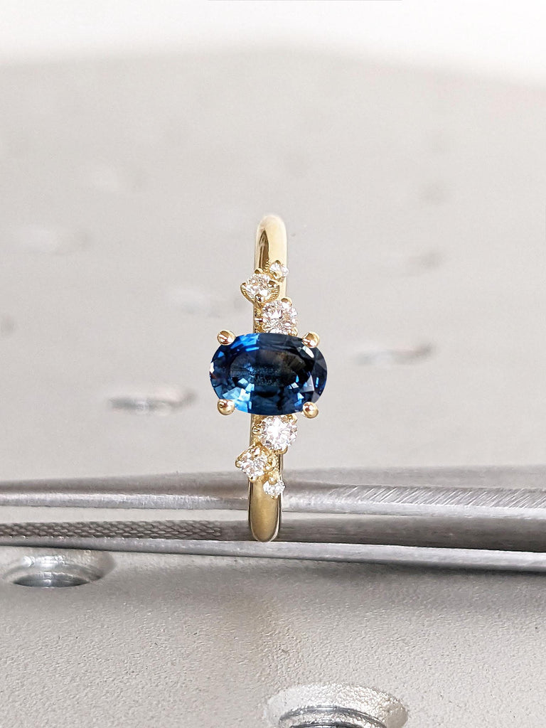 Yellow Gold Women Wedding Ring | Oval Sapphire Birthstone Ring | Lab Grown Diamond Cluster Snowdrift Promise Anniversary Ring, Gift for Wife