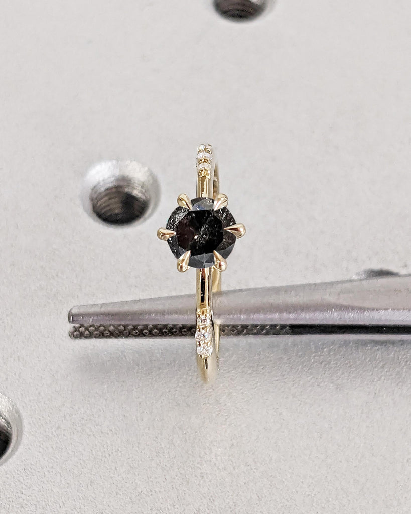 Salt and Pepper Diamond Dainty Ring | Solid Gold Thin Solitaire Ring | Small Engagement Ring | Tapered Band Ring | Minimalist Promise Rings