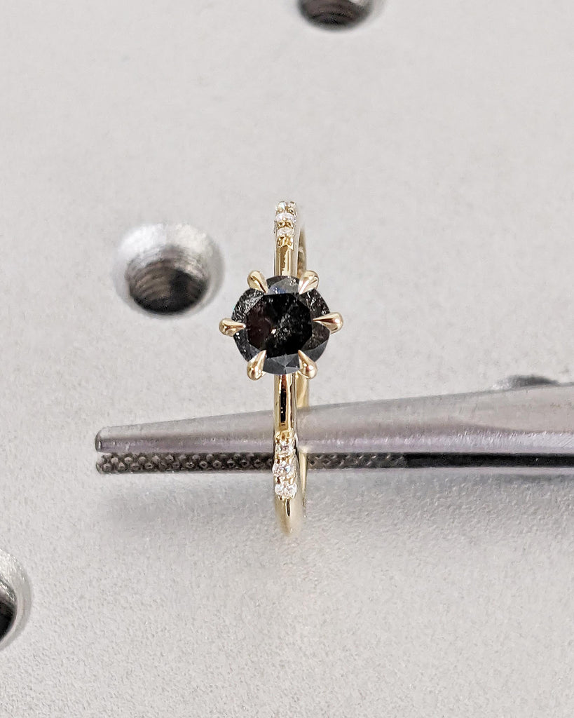 Salt and Pepper Diamond Dainty Ring | Solid Gold Thin Solitaire Ring | Small Engagement Ring | Tapered Band Ring | Minimalist Promise Rings