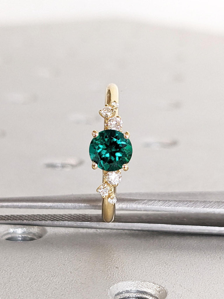 14K Solid Gold Emerald Ring | May Birthstone Jewelry Engagement Band, Green Gemstone with Diamond, Round Emerald Band with Dainty Moissanite