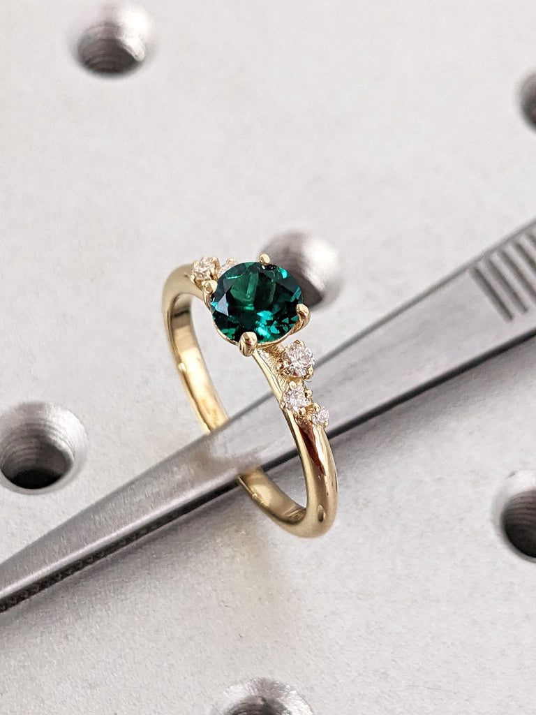 14K Solid Gold Emerald Ring | May Birthstone Jewelry Engagement Band, Green Gemstone with Diamond, Round Emerald Band with Dainty Moissanite image #4