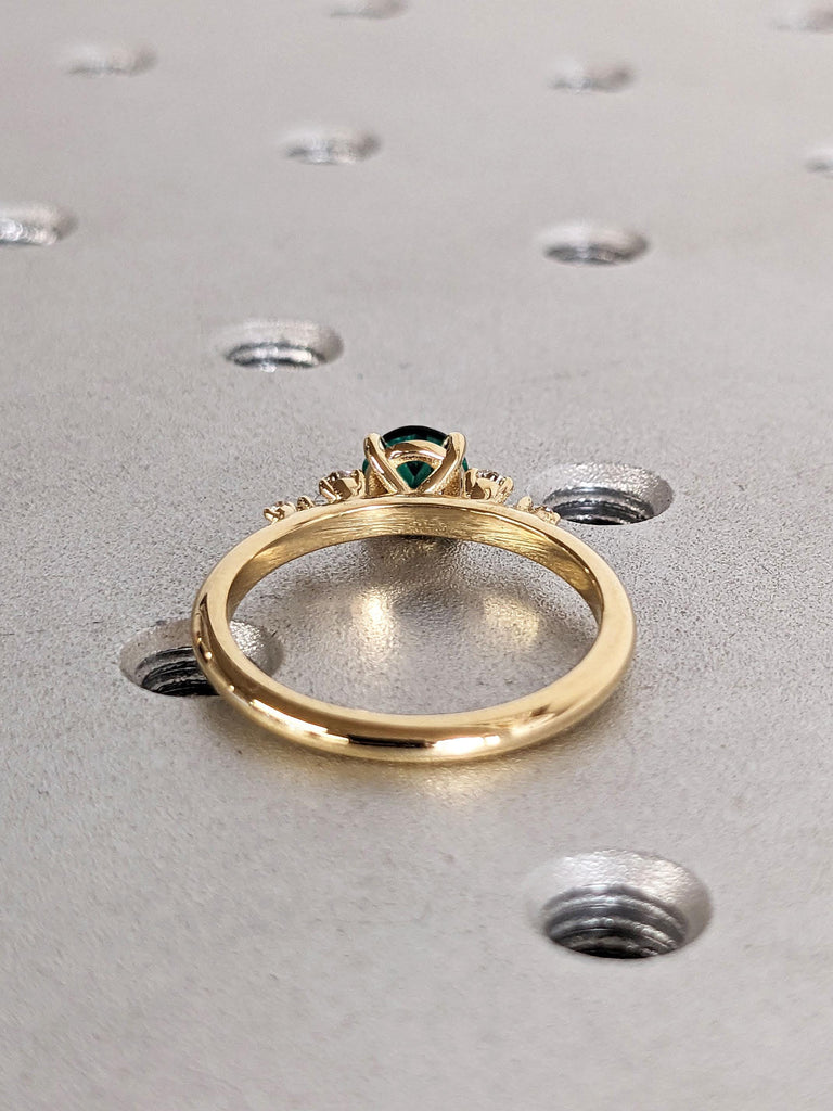 14K Solid Gold Emerald Ring | May Birthstone Jewelry Engagement Band, Green Gemstone with Diamond, Round Emerald Band with Dainty Moissanite
