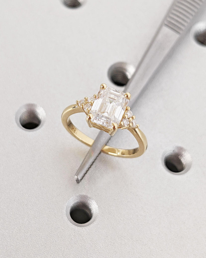 1.5CT Emerald Cut Lab Diamond Engagement Ring, Vintage Yellow Gold Engagement Ring, Round Diamond Cluster Wedding Ring Art Deco Anniversary
