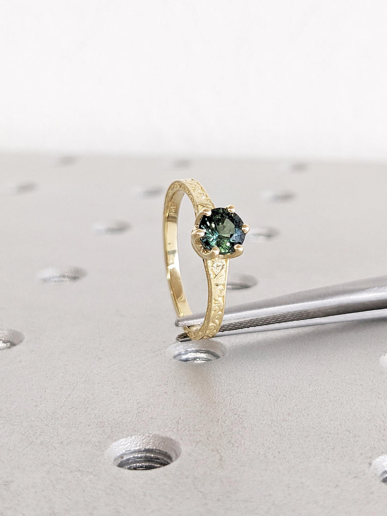14k Gold Minimalist Ring, Blue Green Sapphire Ring, Vintage Peacock Sapphire Engagement Ring, Filigree Promise Rings for Women, Gift for Her