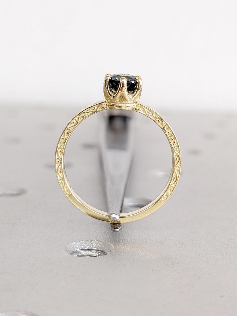 14k Gold Minimalist Ring, Blue Green Sapphire Ring, Vintage Peacock Sapphire Engagement Ring, Filigree Promise Rings for Women, Gift for Her