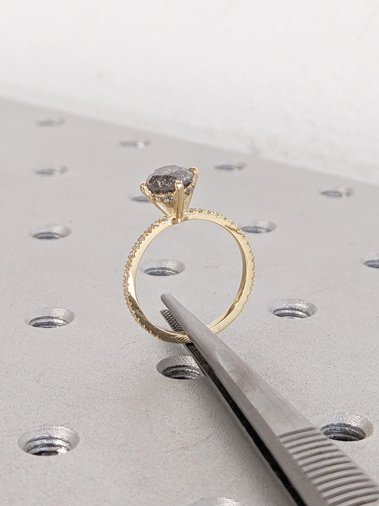 Hidden Halo Diamond Ring, Salt and Pepper Diamond Engagement Ring, Unique Solid Gold Ring, Moissanite Eternity Ring, Dainty Anniversary Ring
