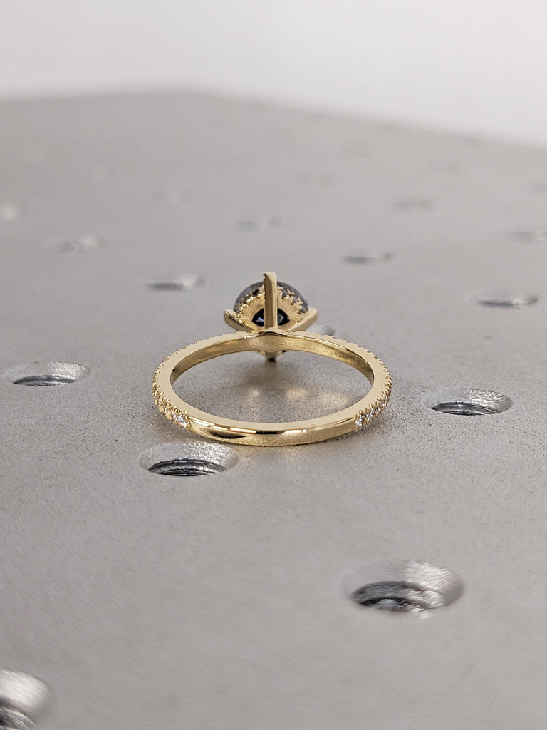Round Cut Salt and Pepper Diamond Ring, 18k Gold Engagement Ring, Art Deco Eternity Ring, Moissanite Hidden Halo Ring, Promise Ring for Her