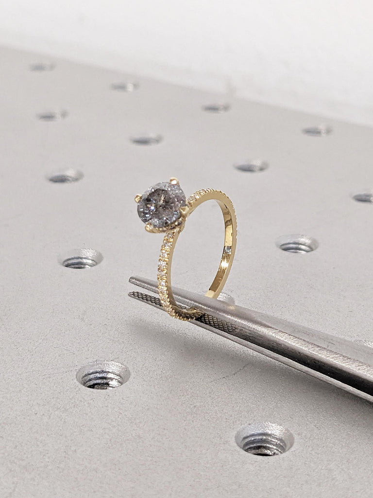 Hidden Halo Diamond Ring, Salt and Pepper Diamond Engagement Ring, Unique Solid Gold Ring, Moissanite Eternity Ring, Dainty Anniversary Ring