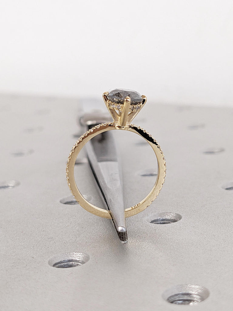 Hidden Halo Diamond Ring, Salt and Pepper Diamond Engagement Ring, Unique Solid Gold Ring, Moissanite Eternity Ring, Dainty Anniversary Ring