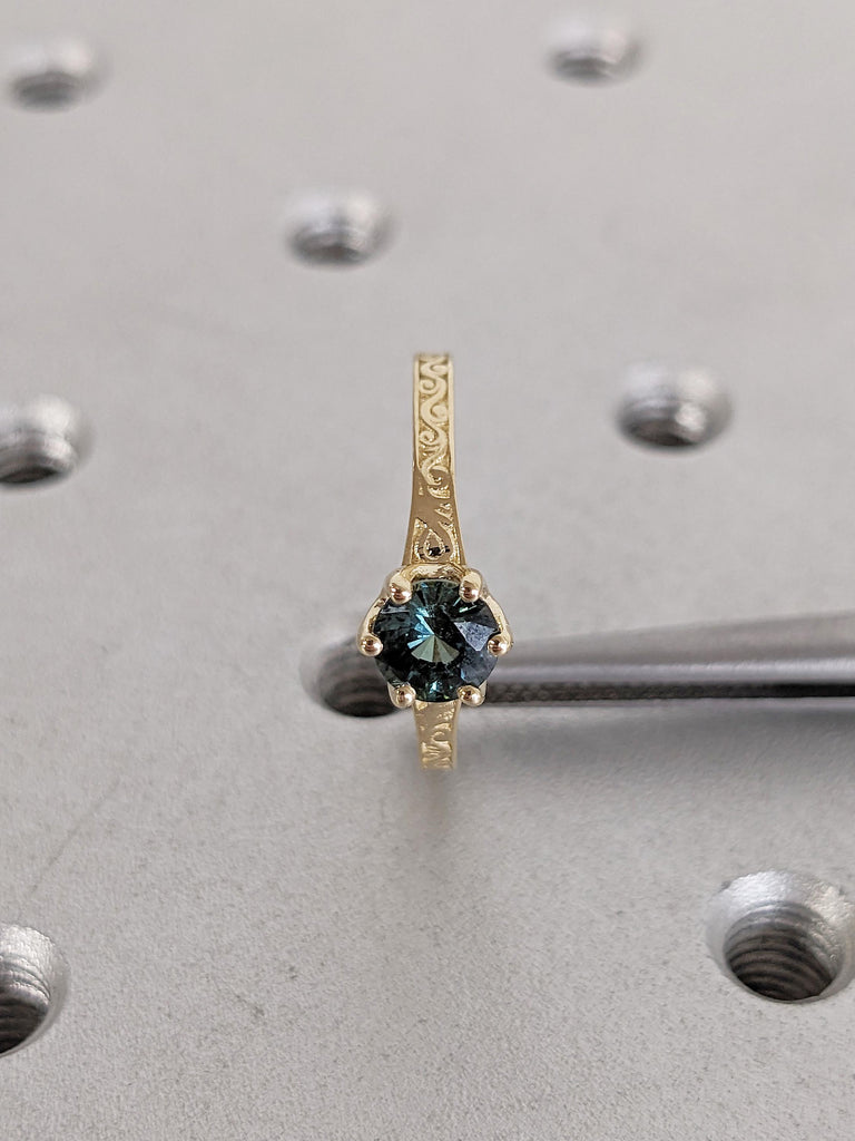 One of a Kind Montana Sapphire Ring, Filigree 14k Solid Gold Ring, Teal Sapphire Engagement Ring, Solitaire Wedding Ring, Personalized Ring