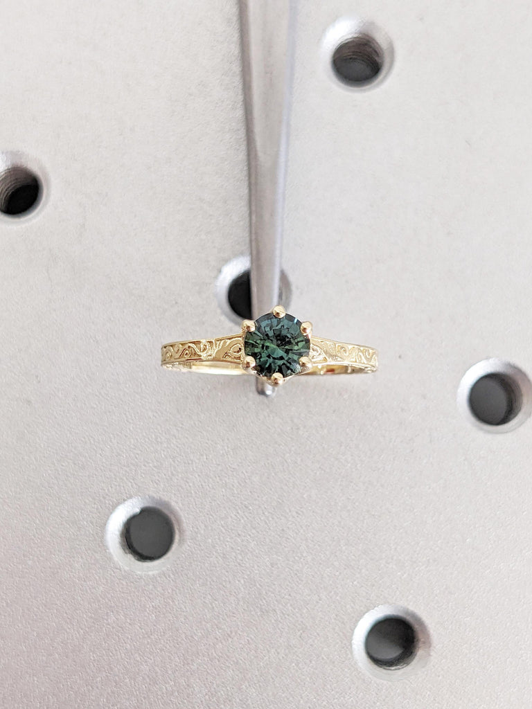 One of a Kind Montana Sapphire Ring, Filigree 14k Solid Gold Ring, Teal Sapphire Engagement Ring, Solitaire Wedding Ring, Personalized Ring