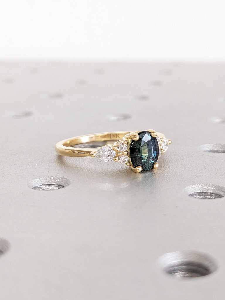 Oval Cut Blue Green Sapphire Ring, Unique 18k Yellow Gold Promise Ring for Her, Teal Sapphire Wedding Anniversary Ring, Diamond Cluster Ring