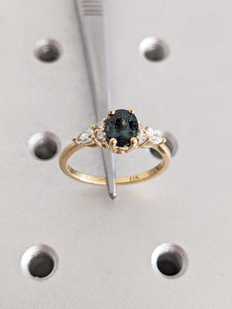 Art Deco Montana Sapphire Ring, Dainty Solid Gold Ring, Peacock Sapphire Women Wedding Ring, Gold Engagement Ring, Moissanite Cluster Ring