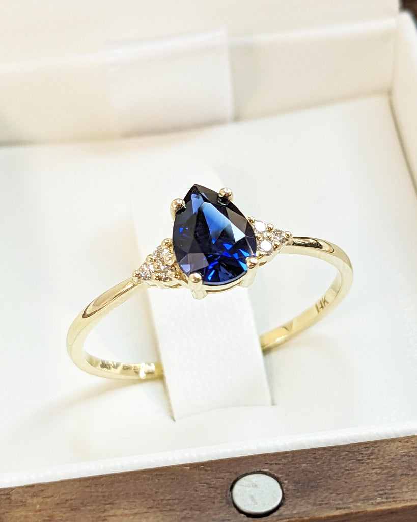 14K Gold Sapphire Engagement Ring | 14K Solid Gold Blue Sapphire Ring | Dainty Pear Cut Sapphire Ring | Womens Teardrop Shape Solitaire Ring