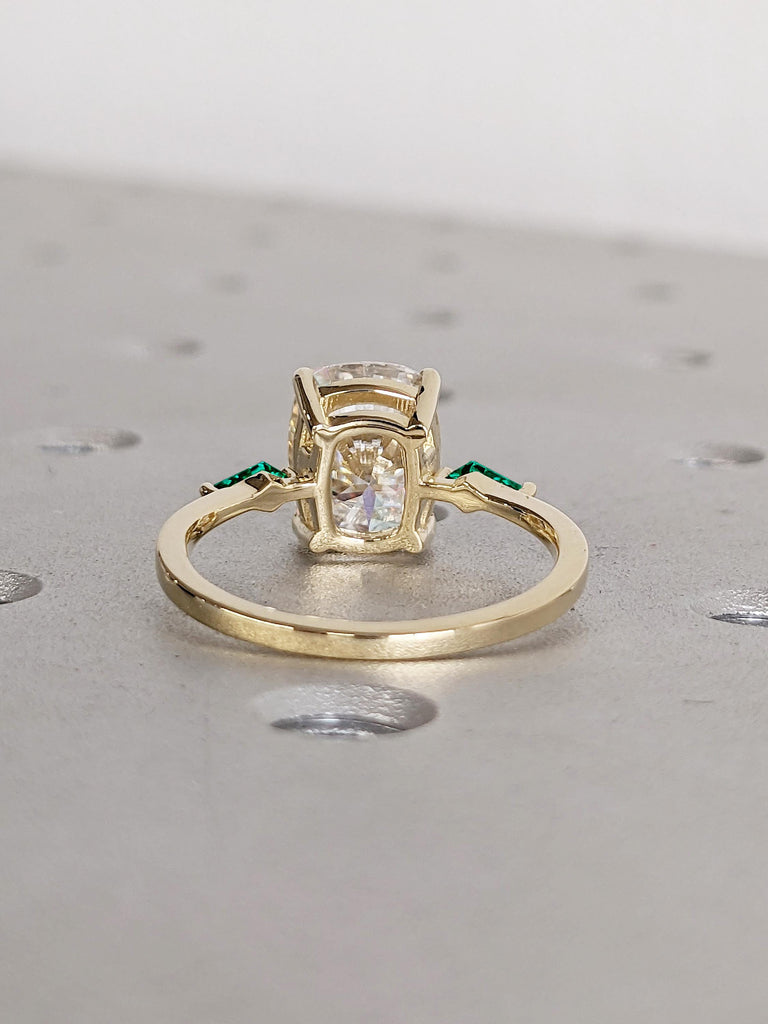 Unique Moissanite Ring, 14k Solid Gold Ring, Cushion Cut Engagement Ring, Kite Cut Lab Emerald Ring, Art Deco Moissanite Anniversary Ring