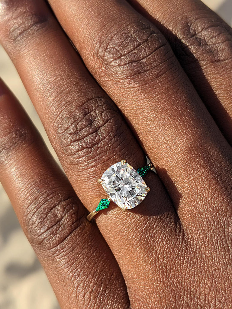 Unique Moissanite Ring, 14k Solid Gold Ring, Cushion Cut Engagement Ring, Kite Cut Lab Emerald Ring, Art Deco Moissanite Anniversary Ring