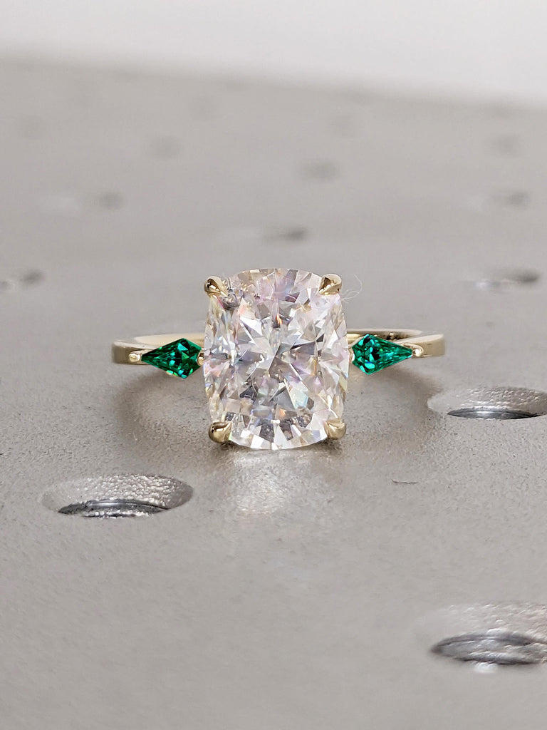 Lab Grown Diamond Engagement Ring | 14k Gold Lab Diamond Ring | Cushion Ring | Statement Rings for Women | Vintage Kite Cut Lab Emerald Ring