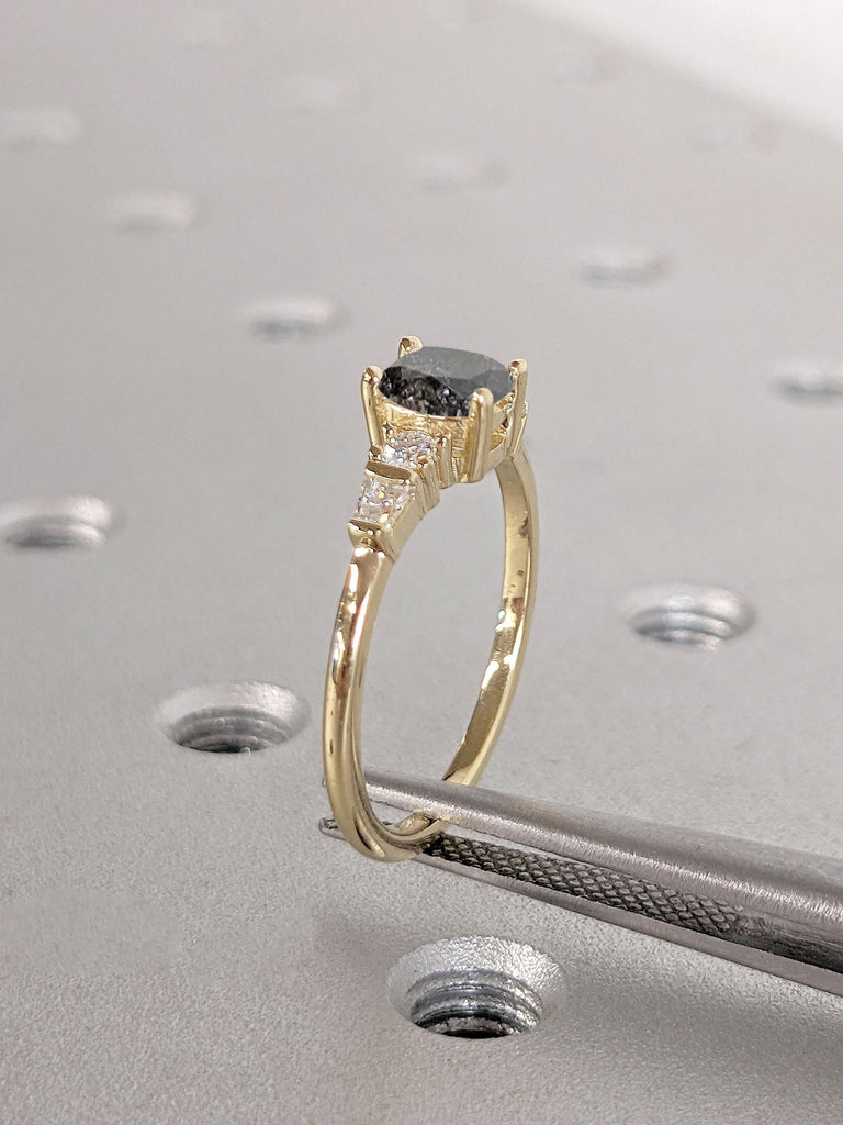 Cushion Cut Salt and Pepper Galaxy Diamond Ring | Five Stone Engagement Ring for Her in Yellow Gold | Art Deco Bridal Ring | Promise Ring
