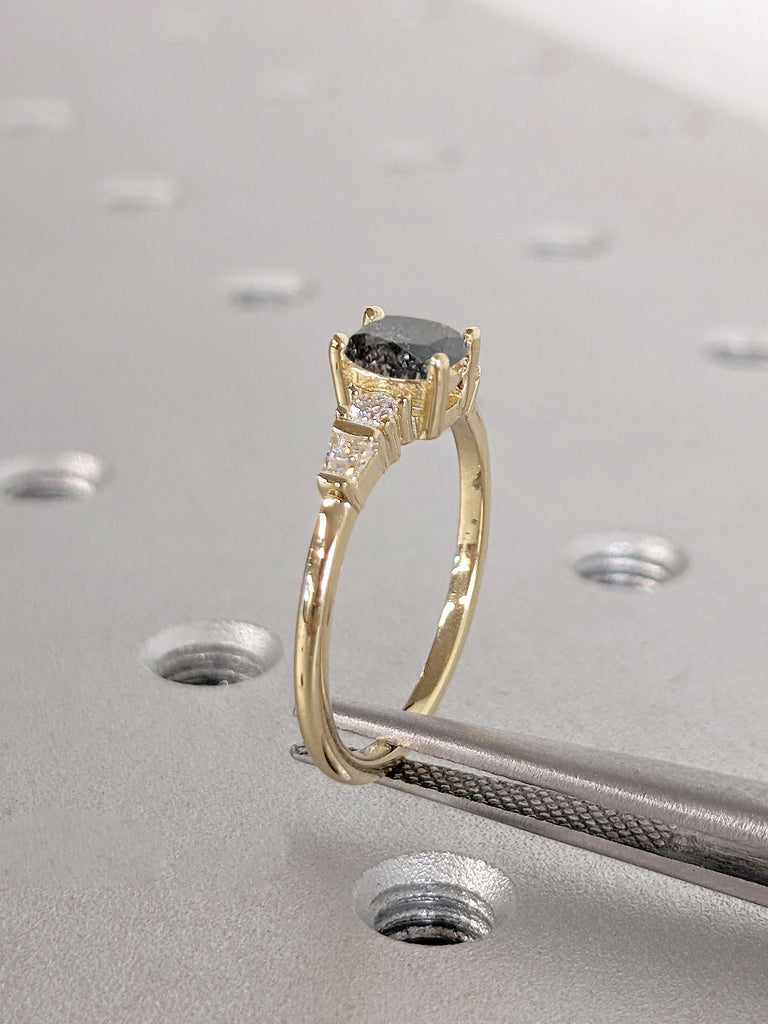 Raw Salt and Pepper Diamond Wedding Ring | 0.5-2 CT Elongated Cushion Herkimer Diamond Engagement Ring | Unique Natural Black Diamond Ring