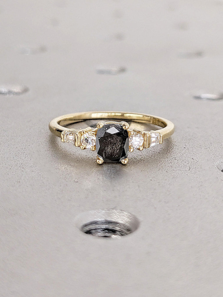 Elongated Cushion Cut Natural Salt and Pepper Gray Diamond Engagement Ring, Five Stone Wedding Ring, Cushion Promise Ring, Proposal Ring | Yellow Gold Engagement Ring