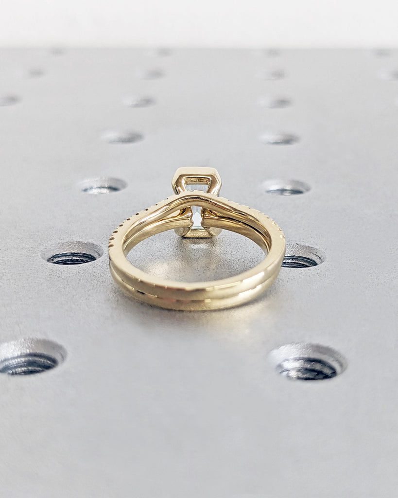 Unique Aquamarine Ring Set | Bridal Wedding Ring Set | Floating Bezel 14K Radiant Cut Aquamarine Blue Promise Ring | Stackable Diamond Band