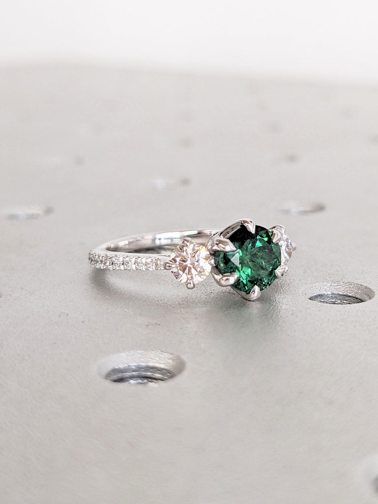 Green Tourmaline Ring, Dainty 14k White Gold Ring, 3 Stone Ring, Tourmaline Gemstone Ring, Diamond Half Eternity Band, Women Wedding Ring