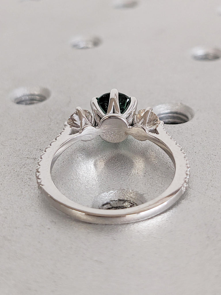 Green Tourmaline Ring, Dainty 14k White Gold Ring, 3 Stone Ring, Tourmaline Gemstone Ring, Diamond Half Eternity Band, Women Wedding Ring