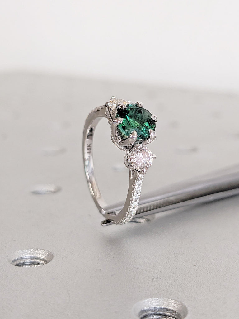 Green Tourmaline Ring, Dainty 14k White Gold Ring, 3 Stone Ring, Tourmaline Gemstone Ring, Diamond Half Eternity Band, Women Wedding Ring