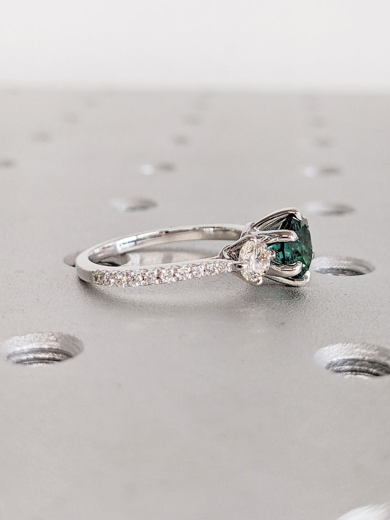 Green Tourmaline Ring, Dainty 14k White Gold Ring, 3 Stone Ring, Tourmaline Gemstone Ring, Diamond Half Eternity Band, Women Wedding Ring