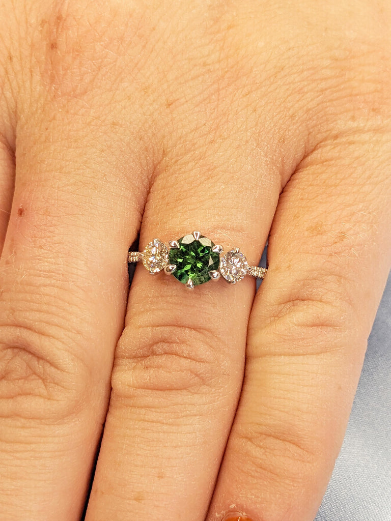 Green Tourmaline Ring, Dainty 14k White Gold Ring, 3 Stone Ring, Tourmaline Gemstone Ring, Diamond Half Eternity Band, Women Wedding Ring
