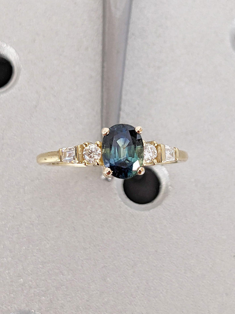 0.5ct Oval cut Blue Green Sapphire Engagement Ring | 14k Yellow Gold Sapphire Ring | Dainty Engagement Ring