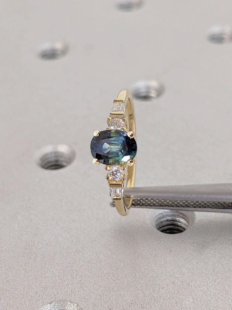 14k Yellow Gold Rings for Women | 14k Gold Peacock Sapphire Oval cut Ring | Thin Engagement Ring | Promise Anniversary Ring