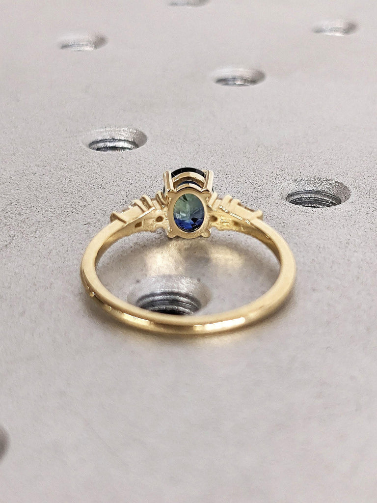 Oval cut Blue Green Sapphire Engagement Ring | 14k Yellow Gold Sapphire Ring | Dainty Engagement Ring | Sapphire and Diamond Promise Ring