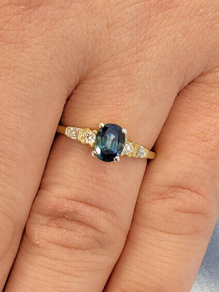 Teal Sapphire and Diamond Engagement Ring , 0.5 Carat Sapphire Engagement Ring , 14k 18k Yellow Gold Rings for Women