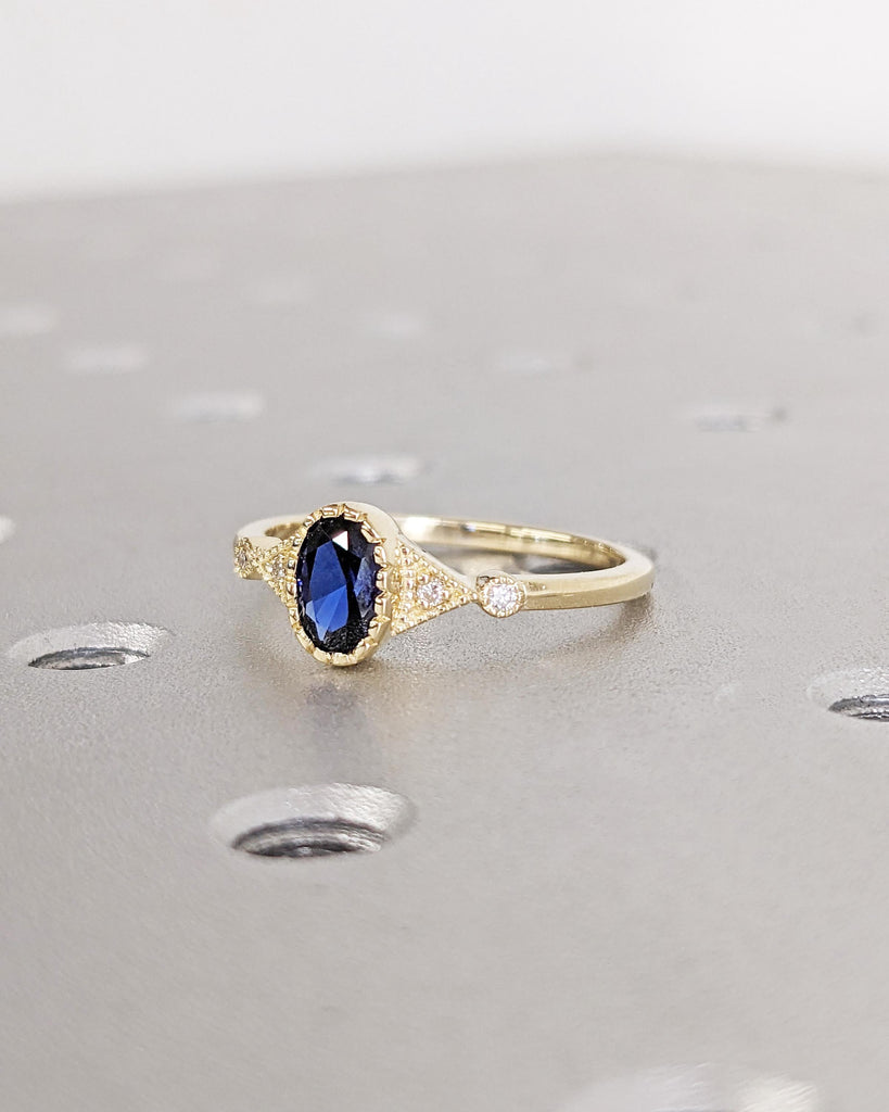 Vintage Blue Lab Sapphire Ring, 14K Solid Gold Bezel Set Ring, Oval Cut Sapphire and Diamond Engagement Ring, Antique Milgrain Art Deco Ring