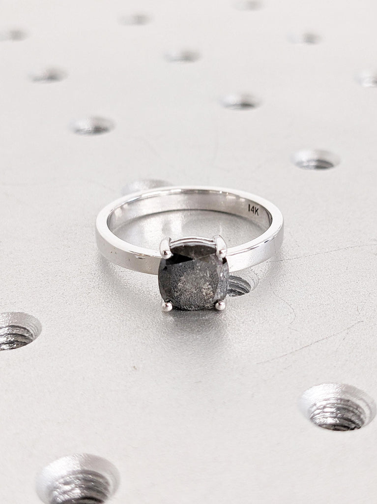 Cushion Cut Salt and Pepper Diamond Ring, 14k Gold Engagement Ring, Unique Minimalist Ring, Anniversary Ring for Women, Promise Ring for Her