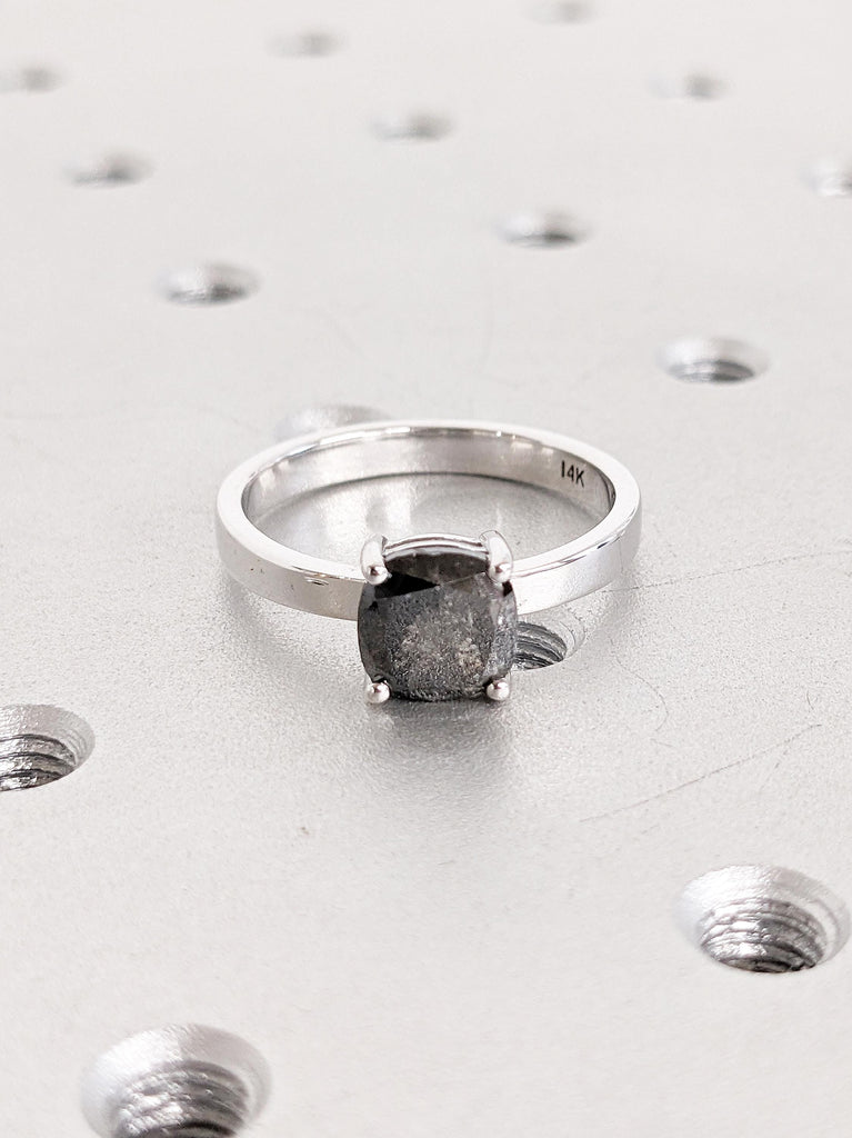 Salt and Pepper Diamond Ring, 14k White Gold Ring, Cushion Cut Engagement Ring, Vintage Diamond Ring, Solitaire Ring, Birthday Gift for Wife