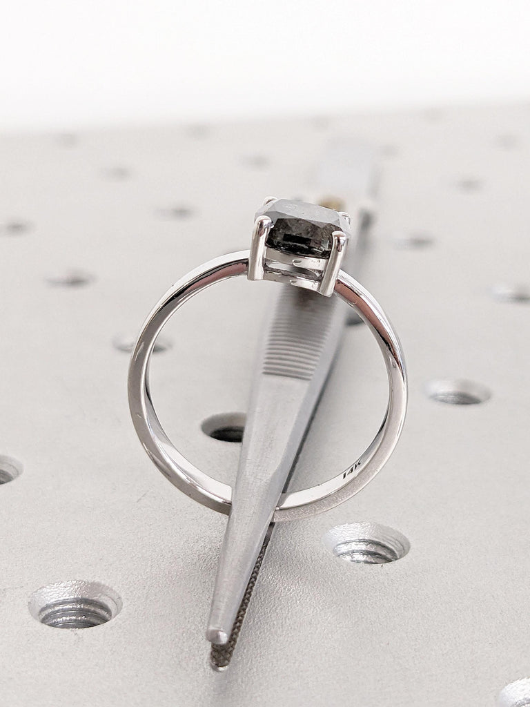 Cushion Cut Salt and Pepper Diamond Ring, 14k Gold Engagement Ring, Unique Minimalist Ring, Anniversary Ring for Women, Promise Ring for Her