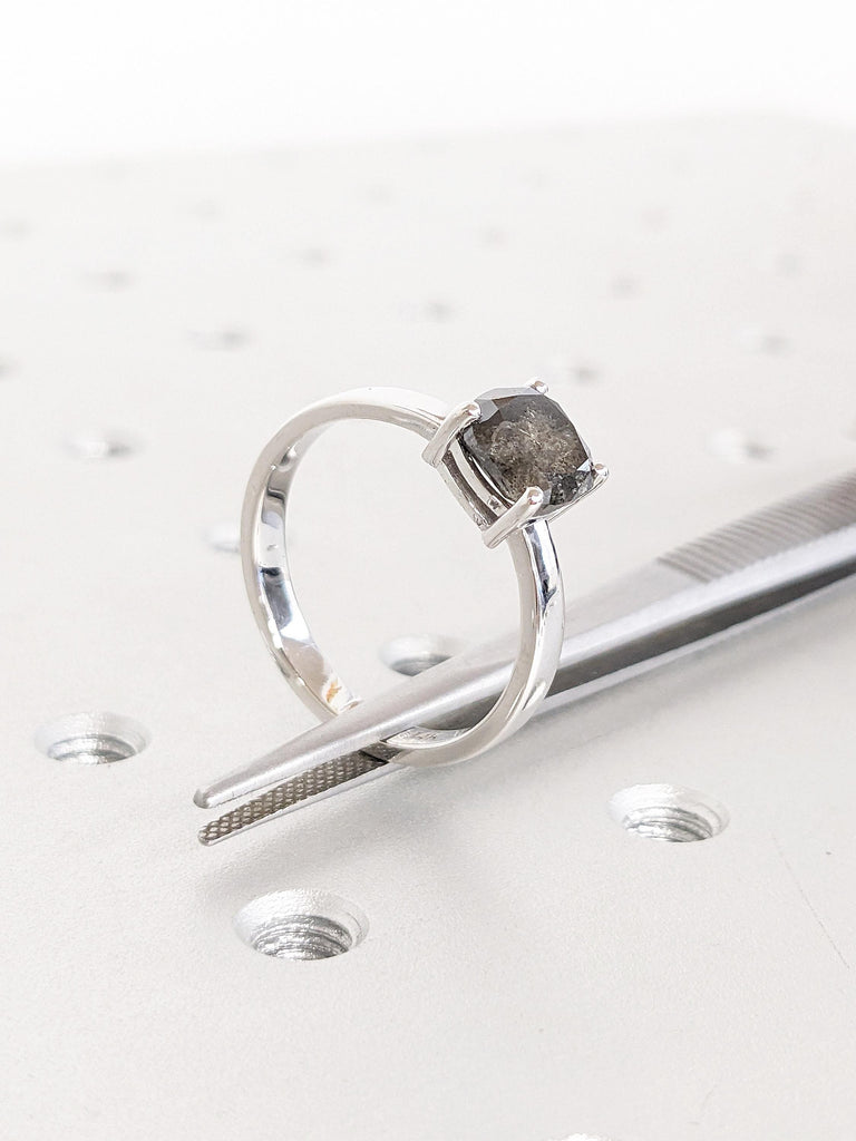 Cushion Cut Salt and Pepper Diamond Ring, 14k Gold Engagement Ring, Unique Minimalist Ring, Anniversary Ring for Women, Promise Ring for Her
